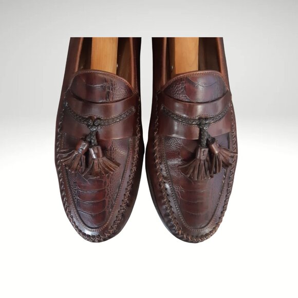 Johnston & Murphy SZ 9.5 Alligator Imprinted Men's Brown Leather Tassel Loafers - Picture 9 of 16